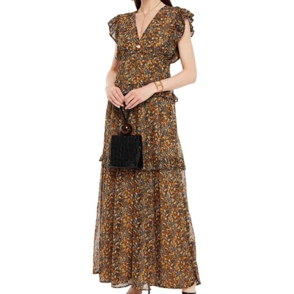 NEW BA&SH Samanta Maxi Dress Womens Large Black Floral Ruffled Georgette Carbone - Picture 1 of 7